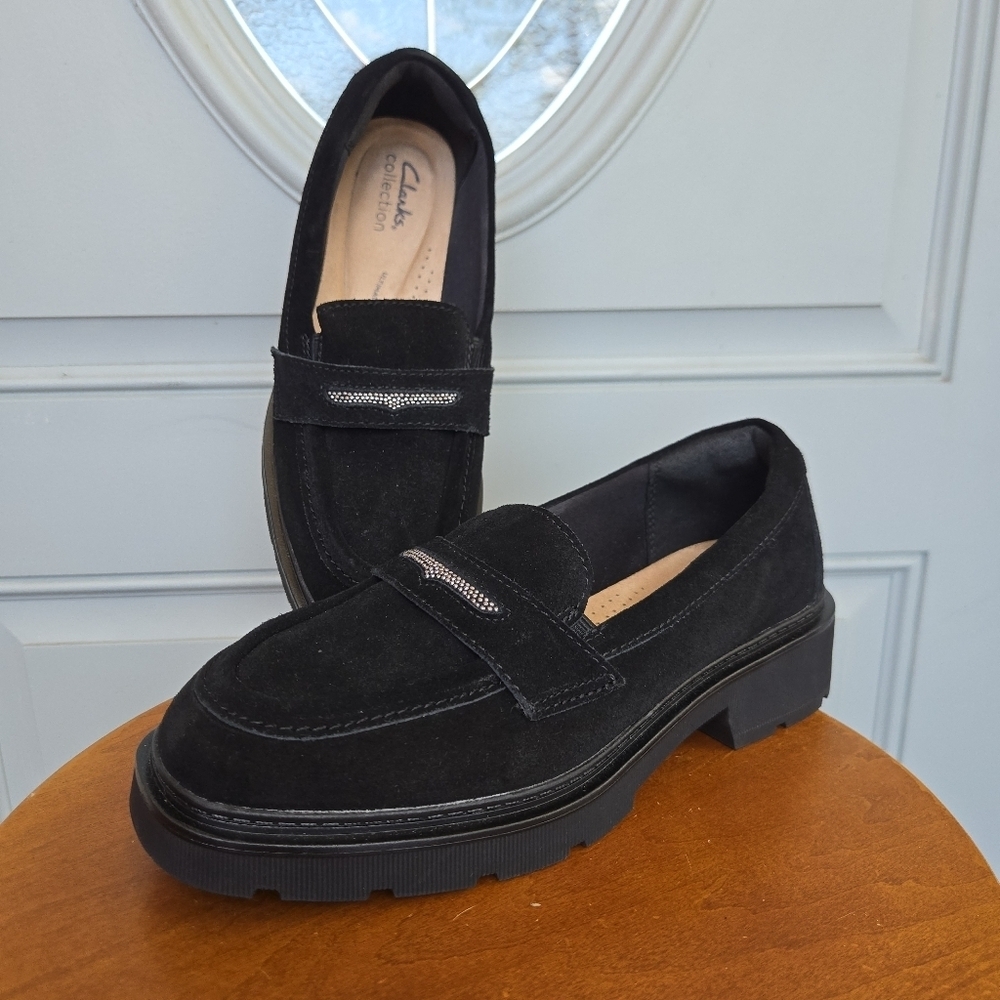 Clarks Lauryl Step Black Suede Platform Loafers